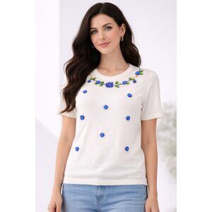 Vintage White Embroidered Floral Sweater Knit Top Blue Roses S NOS New w/Tags